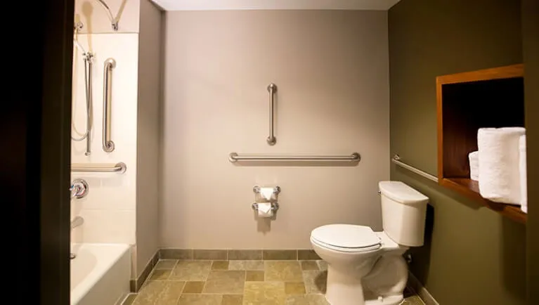 The  bathroom with accessible shower in the accessible Queen Suite